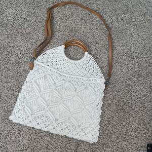 Boho Macrame Wood Round Handle Crossbody Tote Bag